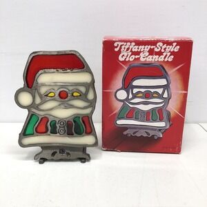 Vintage Tiffany Style Glo Candle Santa Claus Tea Light‎ Holder Stained Glass